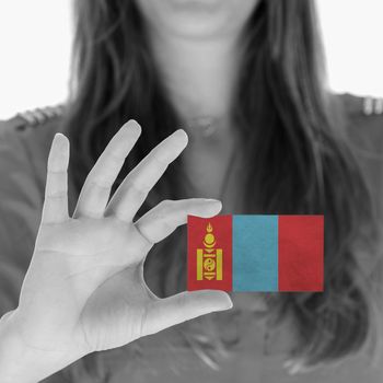 Woman showing a business card, flag of Mongolia