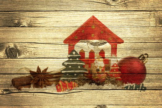 Christmas decoration with presents on wood board 