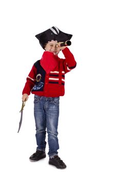 Boy dressed like pirate watching in spyglass isolated over white