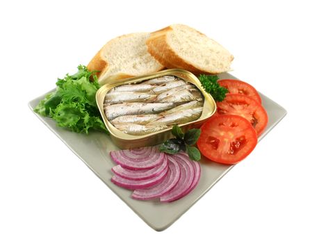 Sardines with bread, red onion, tomato and lettuce.