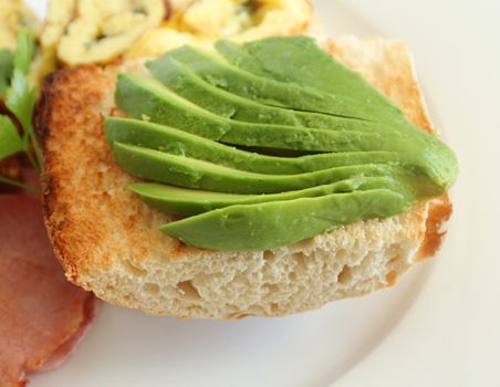 Sliced avocado on toasty Turkish bread ready to serve.