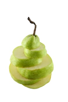 Fresh green pear sliced into a stack.