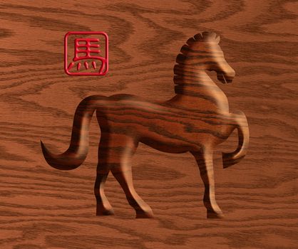 2014 Chinese Lunar New Year of the Horse Wood Element Forward Pose Silhouette with Horse Text Symbol on Wood Grain  Background Illustration