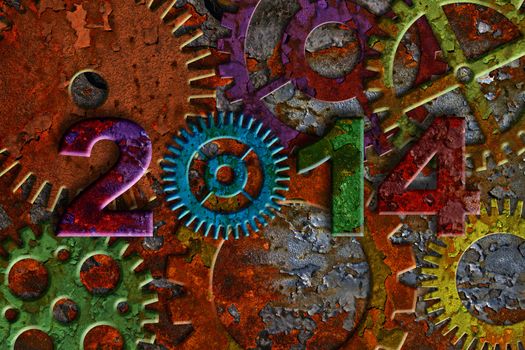 2014 Colorful Rusty Gears on Metal Grunge Texture Background