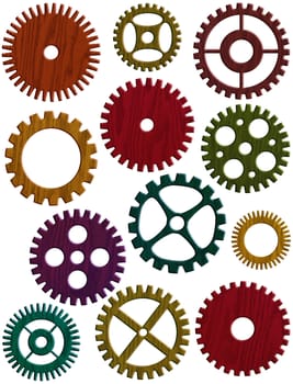 Mechanical Wooden Gears or Pulleys of Various Shapes and Sizes Wood Grain Texture Illustration Isolated on White Background