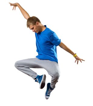 Young man dancer jumping isolated on white