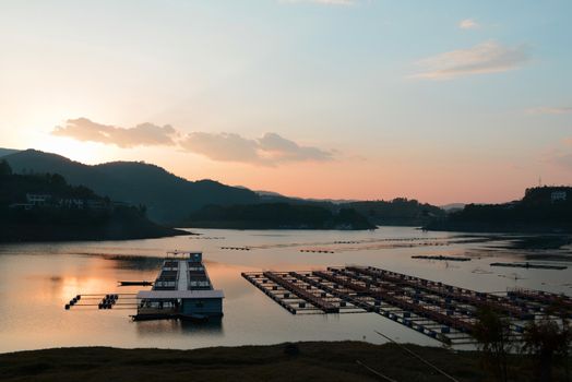 Landscape of lake at sunset