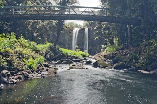 Retro-styled shot of Whangarei Falls pouring over rocky cliff behind foot bridge in the green heart of the city of Whangarei, Northland region of North Island, New Zealand