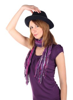 Girl in a hat isolated on the white