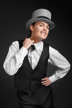 The girl in the image of the gangster on black background