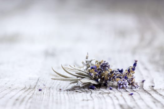 Bunch of dried lavender on old wooden background