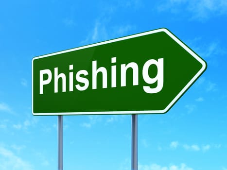 Safety concept: Phishing on green road (highway) sign, clear blue sky background, 3d render