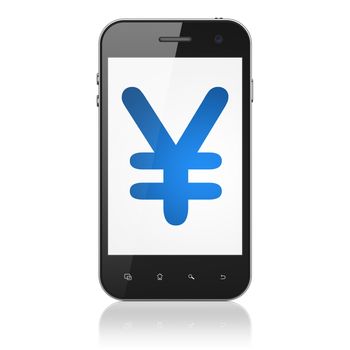 Currency concept: smartphone with Yen icon on display. Mobile smart phone on White background, cell phone 3d render