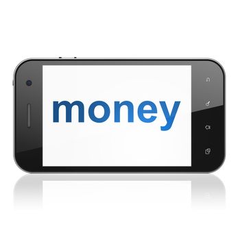 Business concept: smartphone with text Money on display. Mobile smart phone on White background, cell phone 3d render