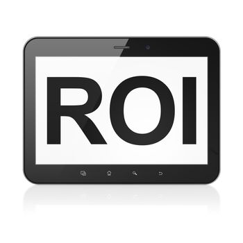 Business concept: black tablet pc computer with text ROI on display. Modern portable touch pad on White background, 3d render