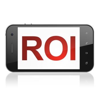 Finance concept: smartphone with text ROI on display. Mobile smart phone on White background, cell phone 3d render