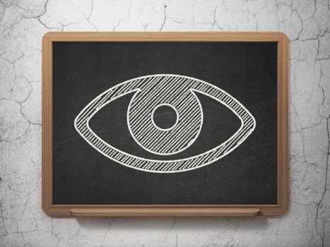 Security concept: Eye icon on Black chalkboard on grunge wall background, 3d render
