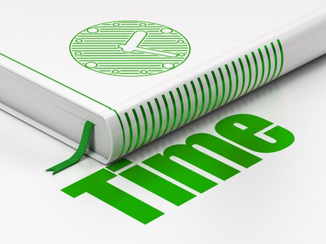 Time concept: closed book with Green Clock icon and text Time on floor, white background, 3d render