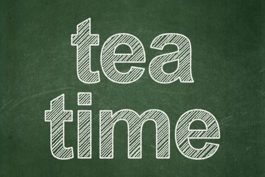 Time concept: text Tea Time on Green chalkboard background, 3d render