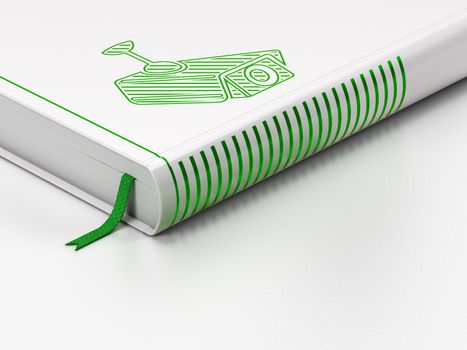 Protection concept: closed book with Green Cctv Camera icon on floor, white background, 3d render