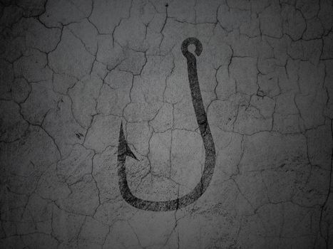 Protection concept: Black Fishing Hook on grunge textured concrete wall background, 3d render