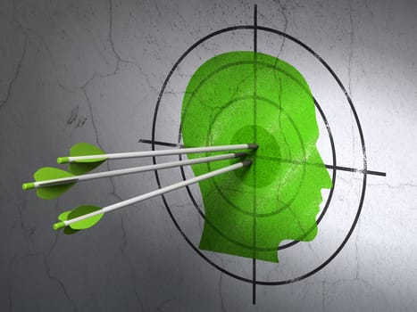 Success business concept: arrows hitting the center of Green Head target on wall background, 3d render