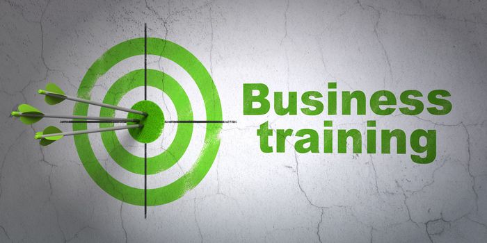 Success Education concept: arrows hitting the center of target, Green Business Training on wall background, 3d render