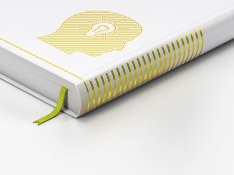 Education concept: closed book with Gold Head With Light Bulb icon on floor, white background, 3d render