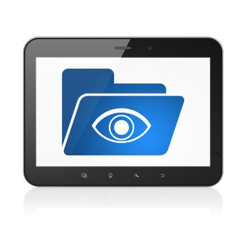 Finance concept: black tablet pc computer with Folder With Eye icon on display. Modern portable touch pad on White background, 3d render