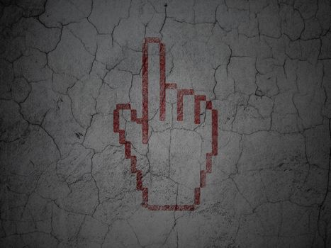 Advertising concept: Red Mouse Cursor on grunge textured concrete wall background, 3d render