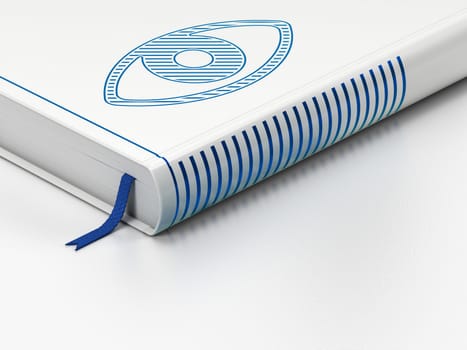 Safety concept: closed book with Blue Eye icon on floor, white background, 3d render