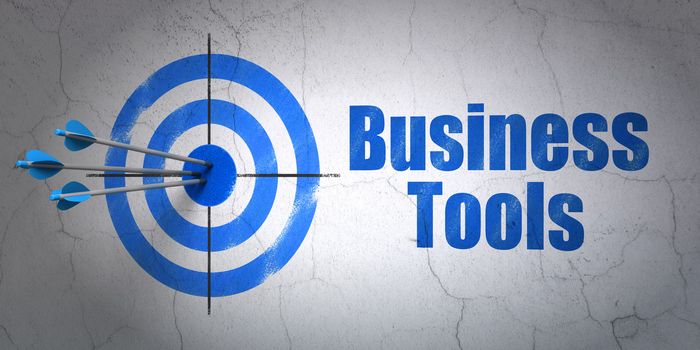 Success finance concept: arrows hitting the center of target, Blue Business Tools on wall background, 3d render