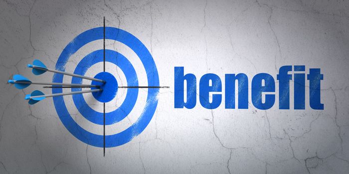 Success finance concept: arrows hitting the center of target, Blue Benefit on wall background, 3d render