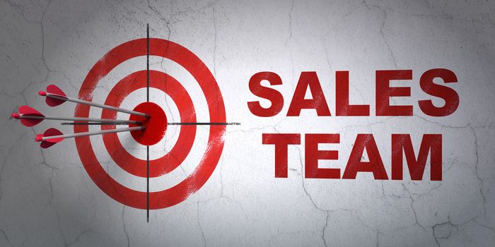 Success advertising concept: arrows hitting the center of target, Red Sales Team on wall background, 3d render