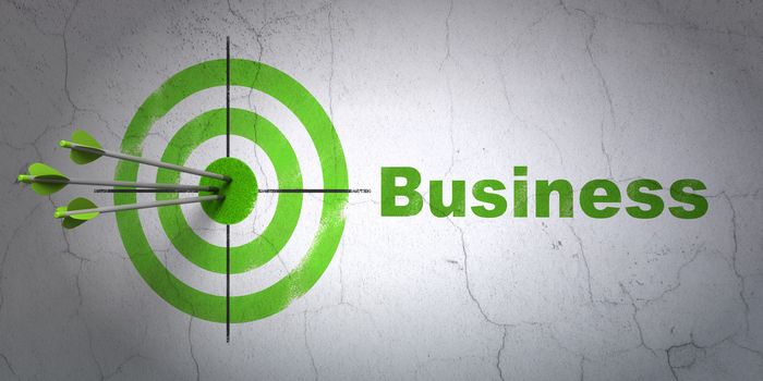 Success business concept: arrows hitting the center of target, Green Business on wall background, 3d render