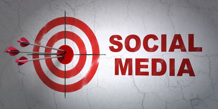 Success social network concept: arrows hitting the center of target, Red Social Media on wall background, 3d render