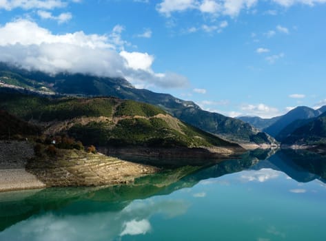 Evinos Lake with sky reflection, Greece