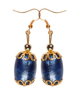 Blue plastic pearl earrings with gold elements on a white background. Collage