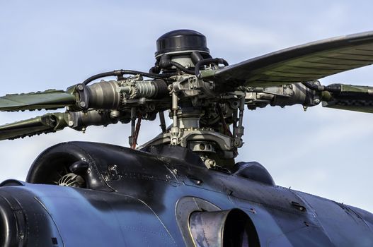 Close up view of a helicopter engine rotor.