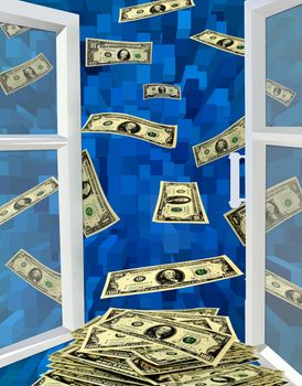 opened window to the blue abstraction and flying away dollars