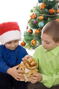 The boys enjoyed the gift on a background decorated New Year tree