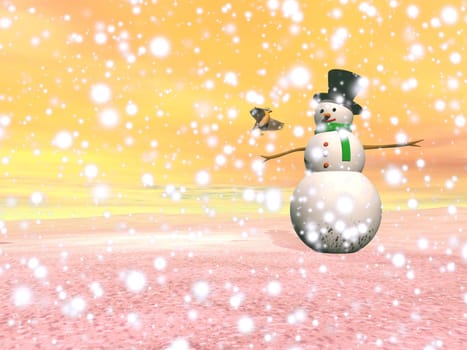 One snowman standing in a winter landscape with falling snow covering mountains and fir trees by sunset light