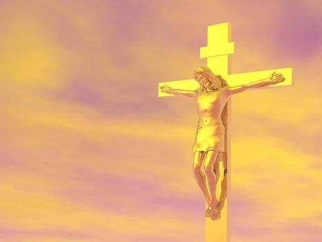 Golden Jesus-Christ cross in cloudy orange sky background