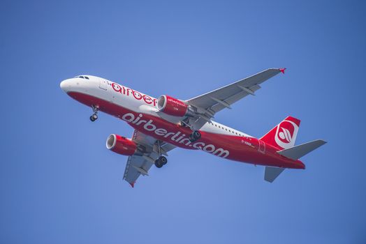 Air-Berlin, Germany, Airbus a320-214. The pictures of the planes are shot very close an airport just before landing. September 2013.