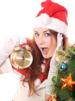  Christmas girl in santa hat, fir tree, alarm clock
