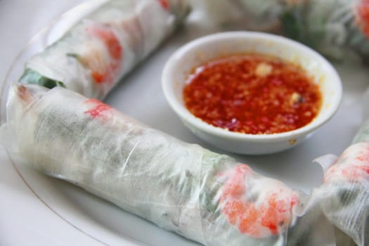 Fresh Spring Roll and sause close-up, Vietnamese Food.