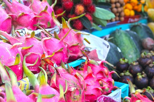 Exotic fruits on asian market close-up