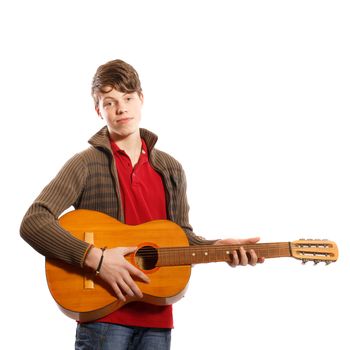 Teenager with a guitar on a white background