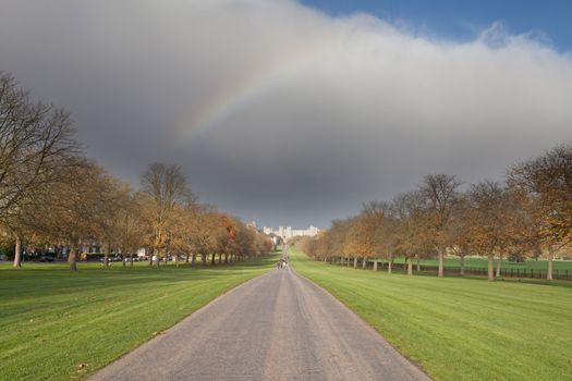 A rainbow in the distance looking down the long walk at Windsor Castle