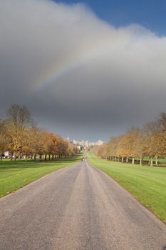 A rainbow in the distance looking down the long walk at Windsor Castle